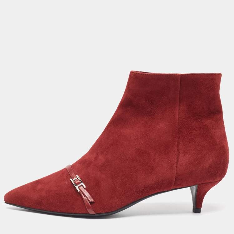 Pre Owned Hermès Dark Red Suede Ankle Booties Size 38