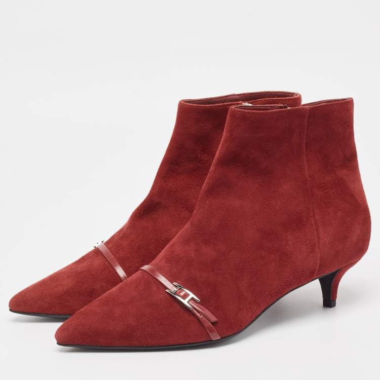 Pre Owned Hermès Dark Red Suede Ankle Booties Size 38