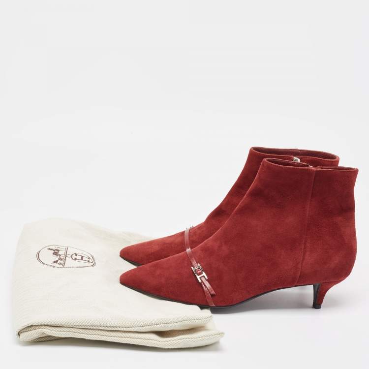 Pre Owned Hermès Dark Red Suede Ankle Booties Size 38