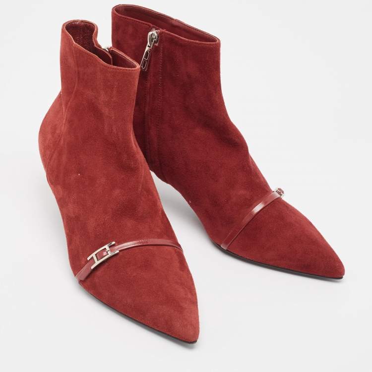 Pre Owned Hermès Dark Red Suede Ankle Booties Size 38