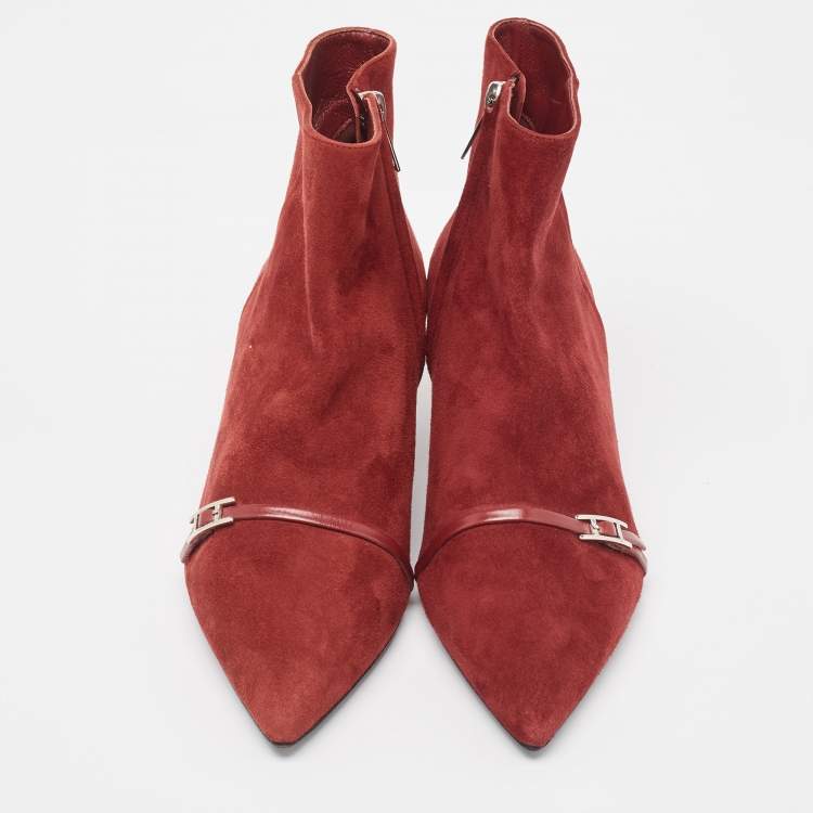 Pre Owned Hermès Dark Red Suede Ankle Booties Size 38
