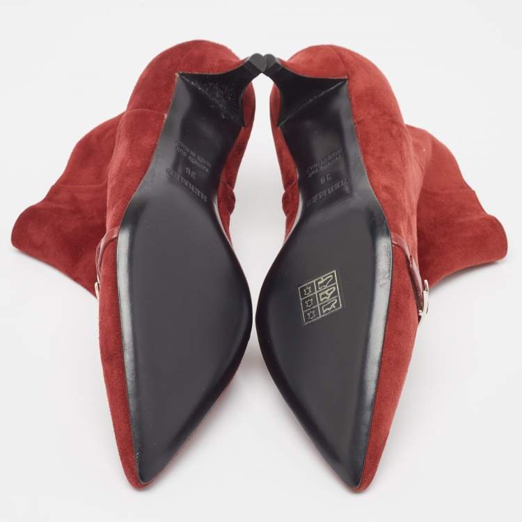 Pre Owned Hermès Dark Red Suede Ankle Booties Size 38