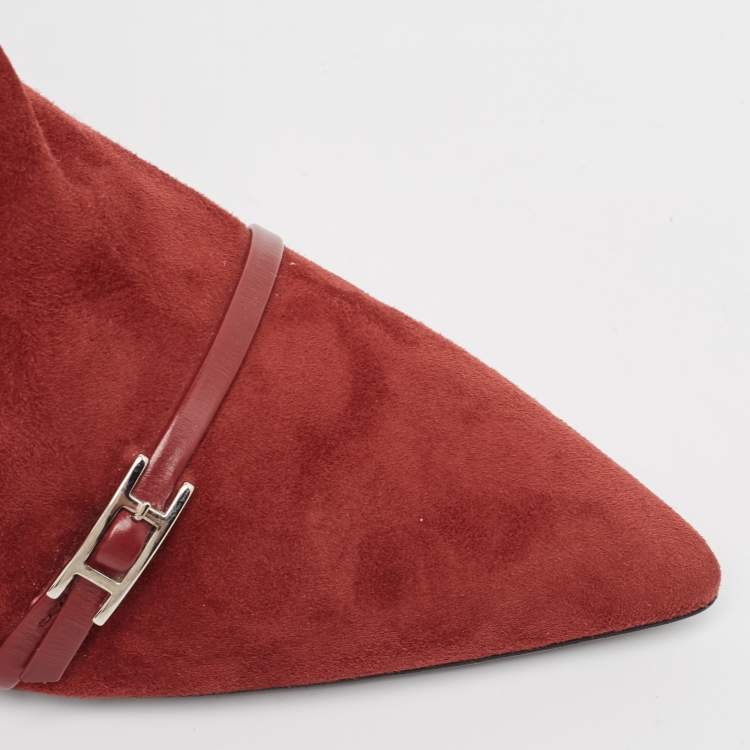 Pre Owned Hermès Dark Red Suede Ankle Booties Size 38