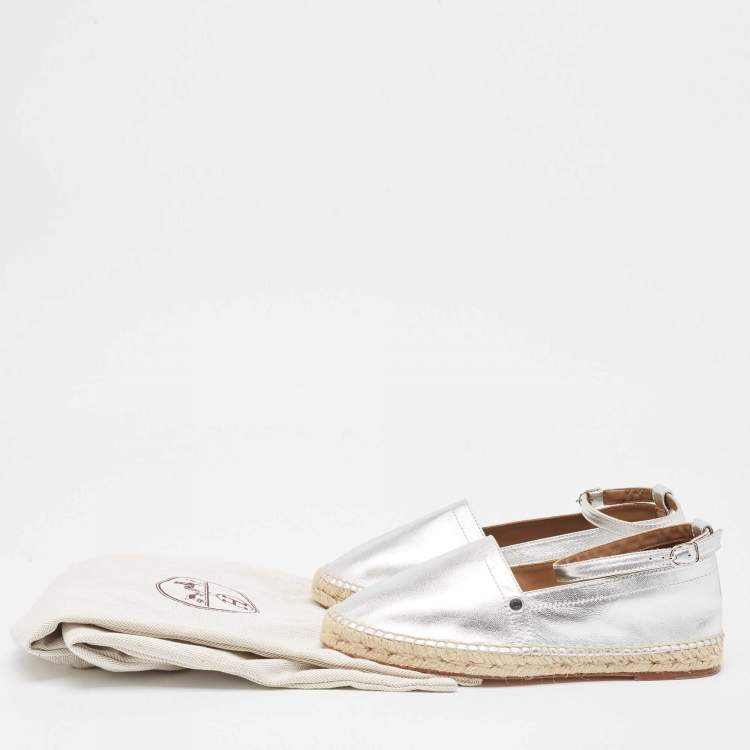 Pre Owned Hermes Silver Leather Malaga Espadrille Flats Size 38