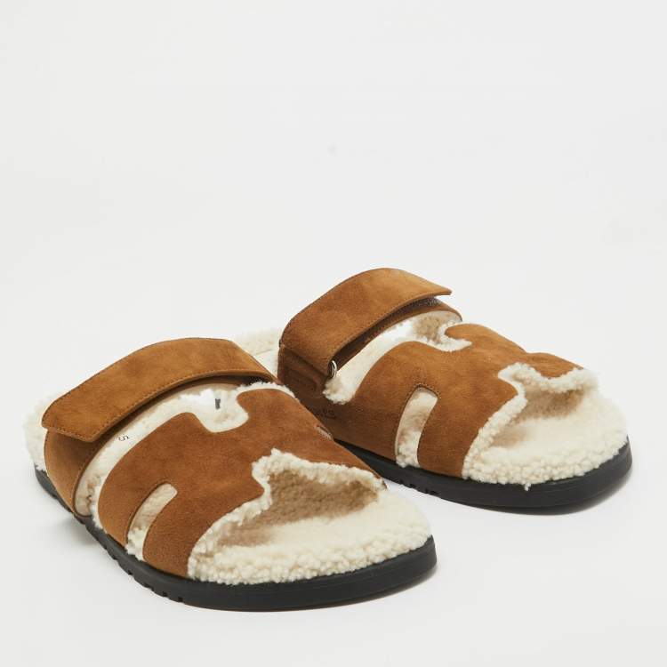 Pre Owned Hermes Brown Suede Shearling Fur Chypre Sandals Size 41