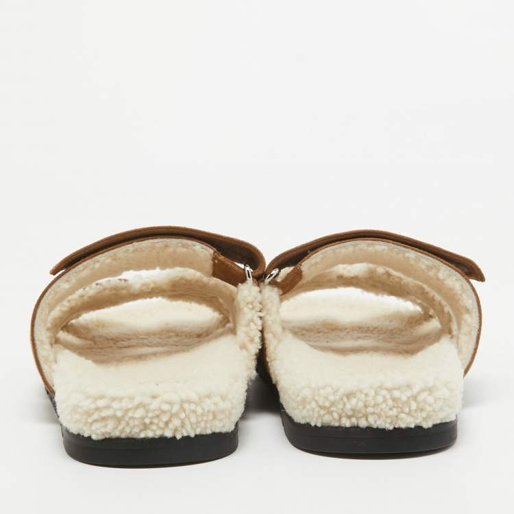 Pre Owned Hermes Brown Suede Shearling Fur Chypre Sandals Size 41