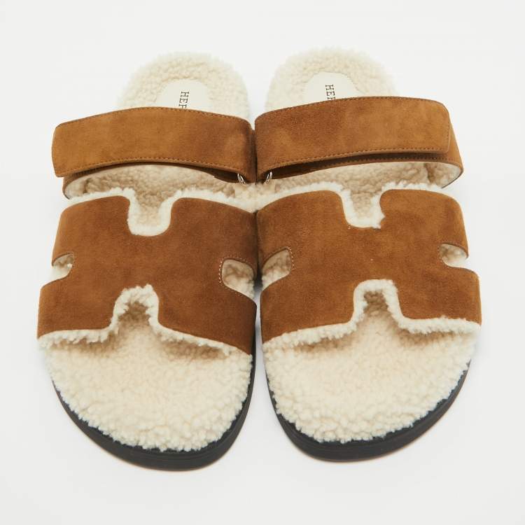 Pre Owned Hermes Brown Suede Shearling Fur Chypre Sandals Size 41