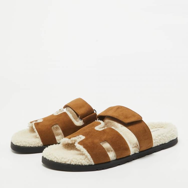 Pre Owned Hermes Brown Suede Shearling Fur Chypre Sandals Size 41