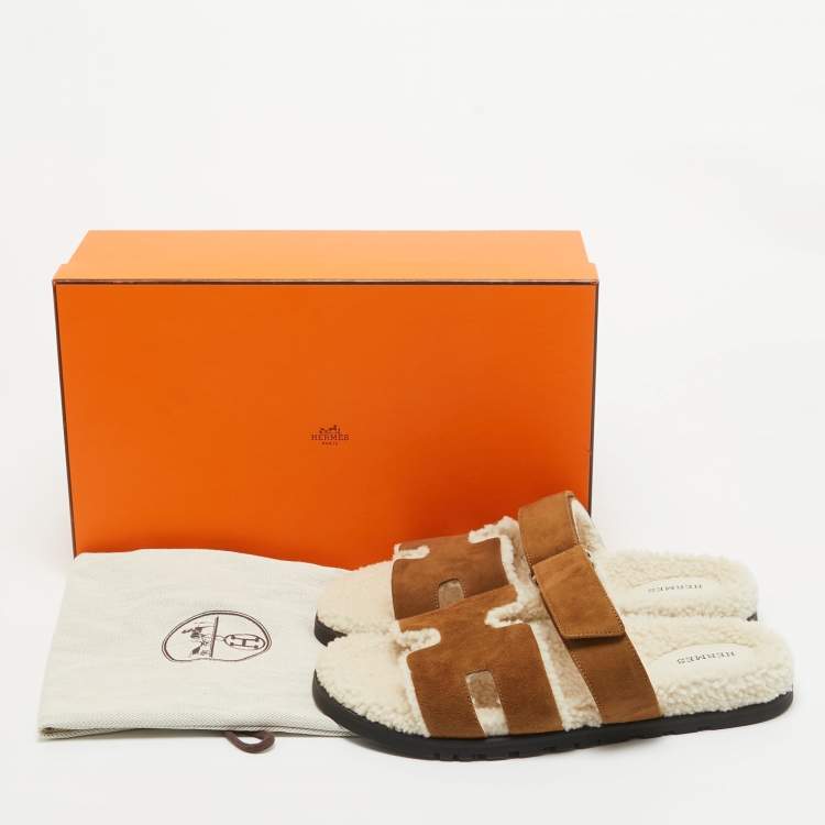 Pre Owned Hermes Brown Suede Shearling Fur Chypre Sandals Size 41