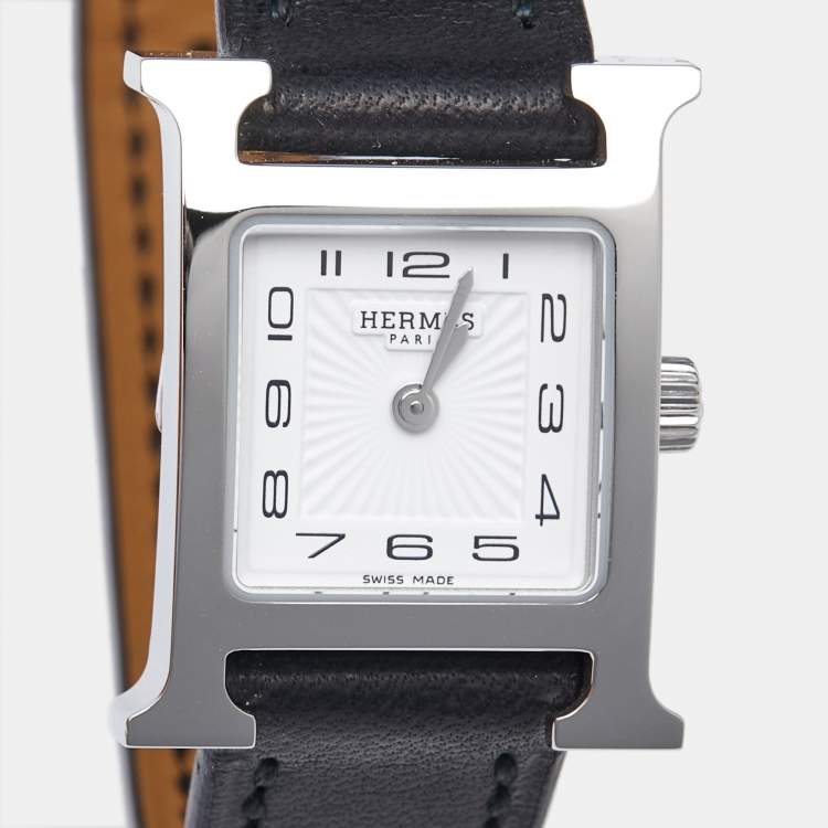 Pre Owned Hermes White Stainless Steel Leather Mini Heure H W055629WW00 Women's Wristwatch 21 mm