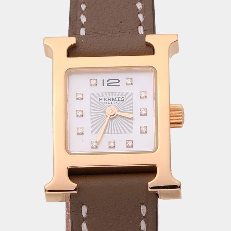 Pre Owned Hermes Mother of Pearl Diamond Yellow Gold Plated Stainless Steel Leather Heure H  HH1.102 Women’s Wristwatch 21mm