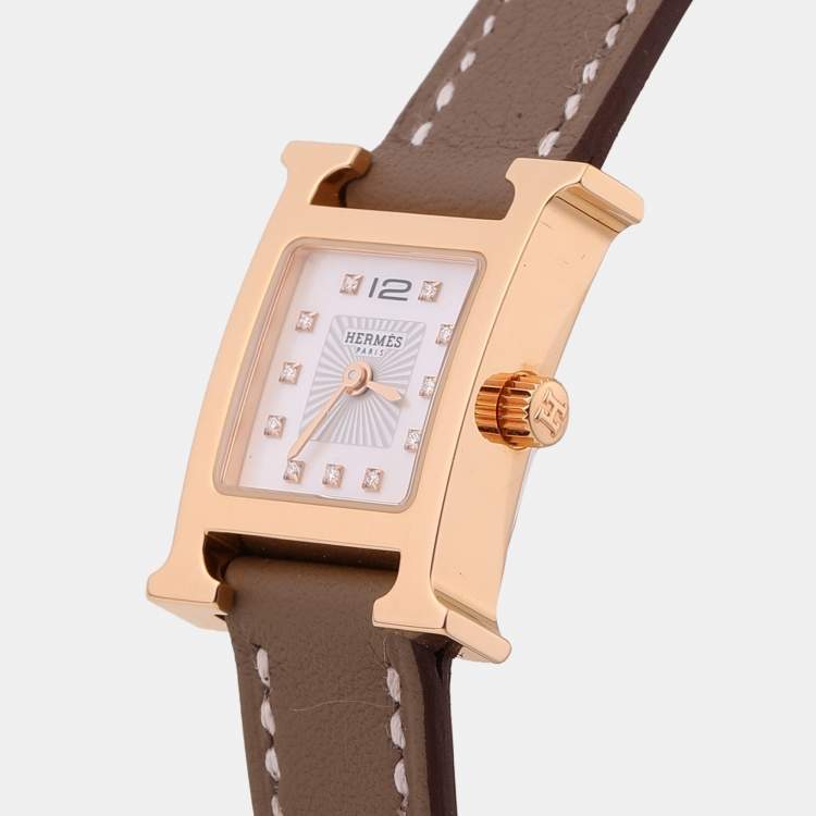 Pre Owned Hermes Mother of Pearl Diamond Yellow Gold Plated Stainless Steel Leather Heure H  HH1.102 Women’s Wristwatch 21mm