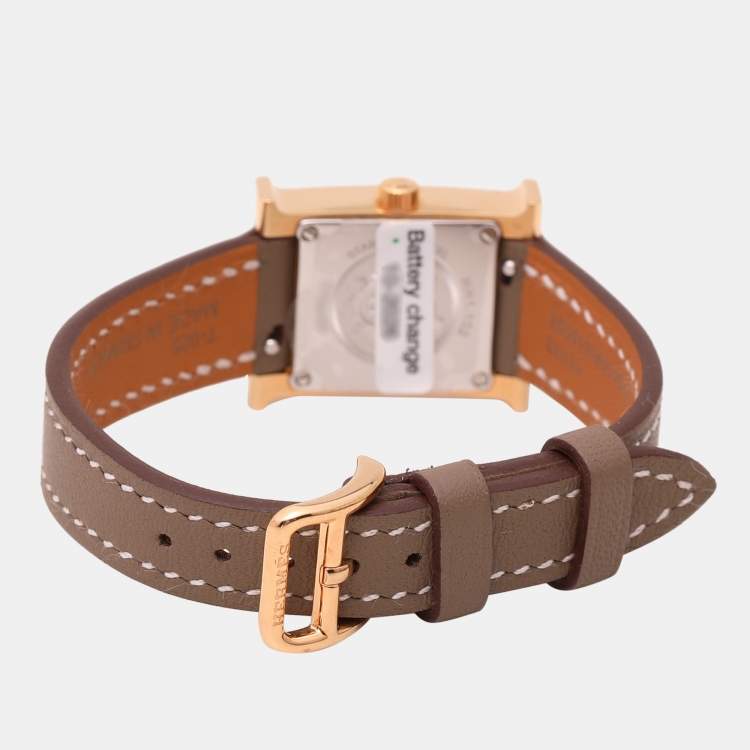 Pre Owned Hermes Mother of Pearl Diamond Yellow Gold Plated Stainless Steel Leather Heure H  HH1.102 Women’s Wristwatch 21mm