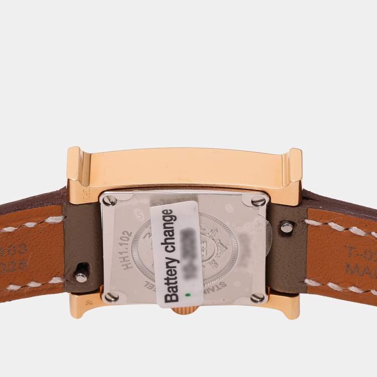 Pre Owned Hermes Mother of Pearl Diamond Yellow Gold Plated Stainless Steel Leather Heure H  HH1.102 Women’s Wristwatch 21mm