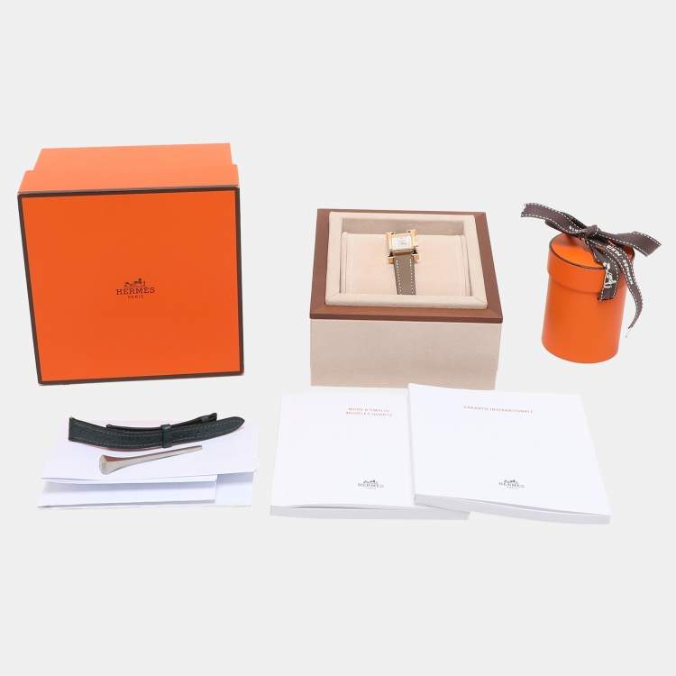Pre Owned Hermes Mother of Pearl Diamond Yellow Gold Plated Stainless Steel Leather Heure H  HH1.102 Women’s Wristwatch 21mm