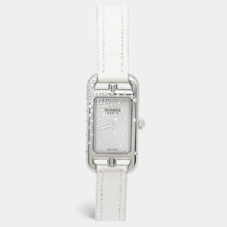 Pre Owned Hermès Nantucket NA2.131 Silver Dial Stainless Steel Diamond Alligator Leather Women's Wristwatch 17 mm