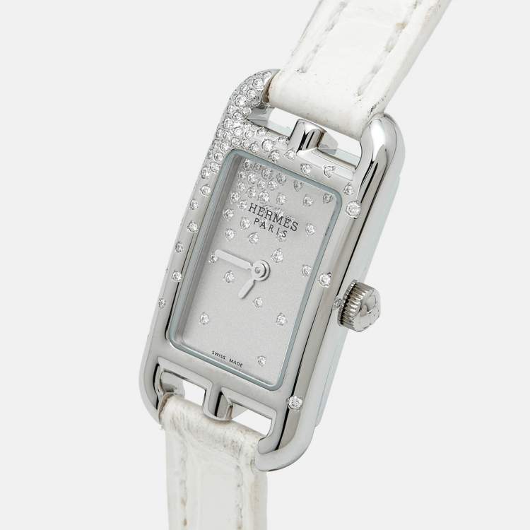 Pre Owned Hermès Nantucket NA2.131 Silver Dial Stainless Steel Diamond Alligator Leather Women's Wristwatch 17 mm