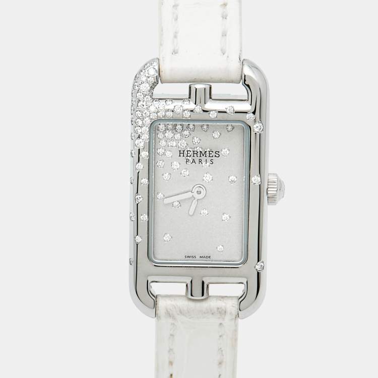 Pre Owned Hermès Nantucket NA2.131 Silver Dial Stainless Steel Diamond Alligator Leather Women's Wristwatch 17 mm