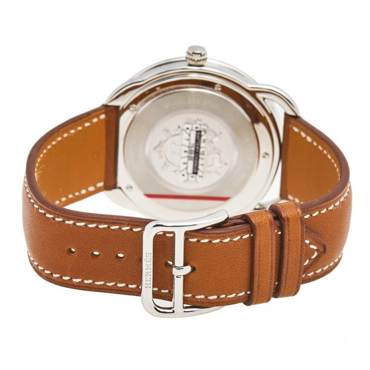 Pre Owned Hermes White Stainless Steel Leather Arceau AR7Q.810 Men's Wristwatch 40 mm