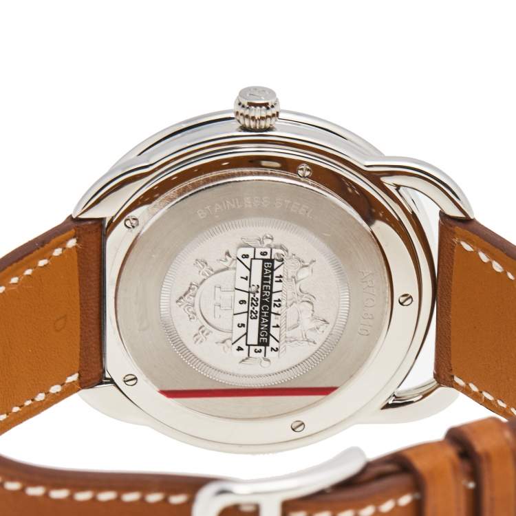 Pre Owned Hermes White Stainless Steel Leather Arceau AR7Q.810 Men's Wristwatch 40 mm