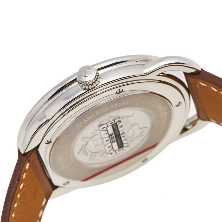 Pre Owned Hermes White Stainless Steel Leather Arceau AR7Q.810 Men's Wristwatch 40 mm