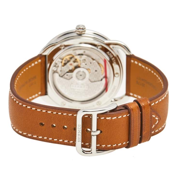 Pre Owned Hermes Silver Stainless Steel Leather Arceau AR8.61AQ Men's Wristwatch 40 mm 
