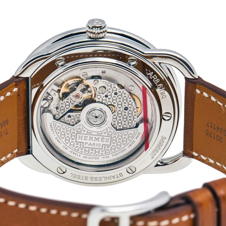 Pre Owned Hermes Silver Stainless Steel Leather Arceau AR8.61AQ Men's Wristwatch 40 mm 