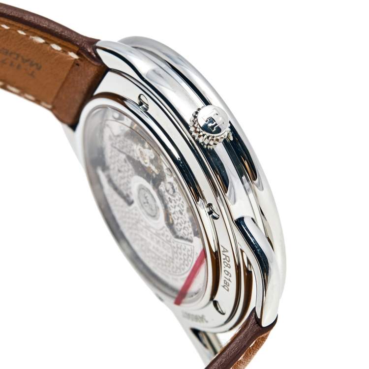 Pre Owned Hermes Silver Stainless Steel Leather Arceau AR8.61AQ Men's Wristwatch 40 mm 