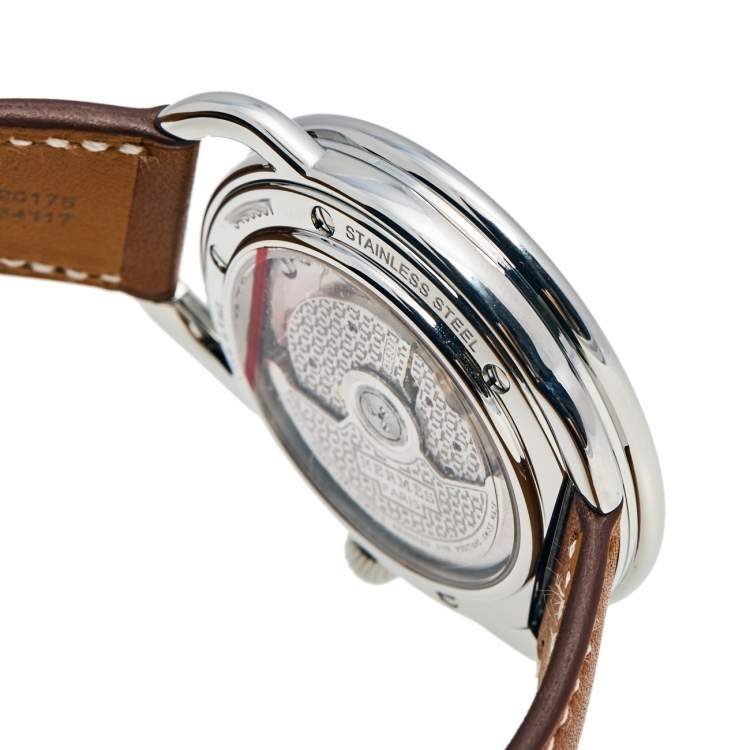 Pre Owned Hermes Silver Stainless Steel Leather Arceau AR8.61AQ Men's Wristwatch 40 mm 