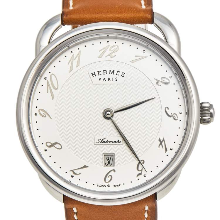 Pre Owned Hermes Silver Stainless Steel Leather Arceau AR8.61AQ Men's Wristwatch 40 mm 