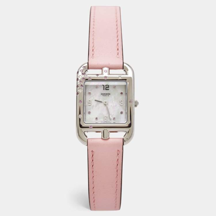 Pre Owned Hermès Mother of Pearl Diamond Sapphires Stainless Steel Calfskin Cape Cod W052160WW00 Women's Wristwatch 23 mm