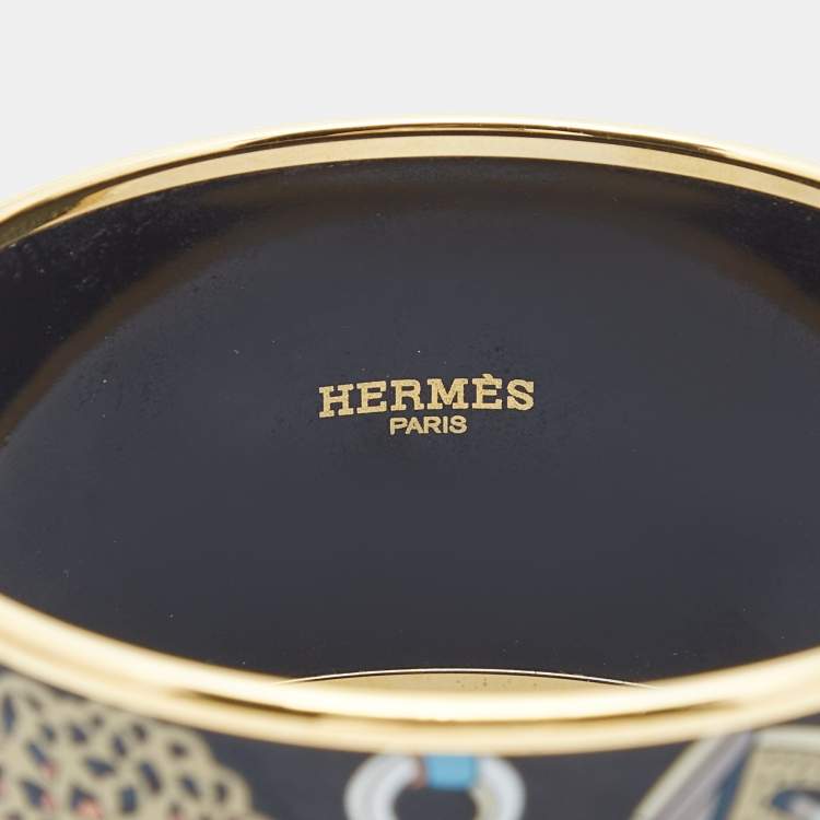 Pre Owned Hermes  Concours d'Etriers Printed Enamel Gold Plated Extra Wide Bracelet