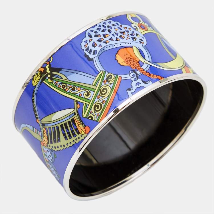 Pre Owned Hermes Concours d'Etriers Printed Enamel Gold Plated Extra Wide Bracelet