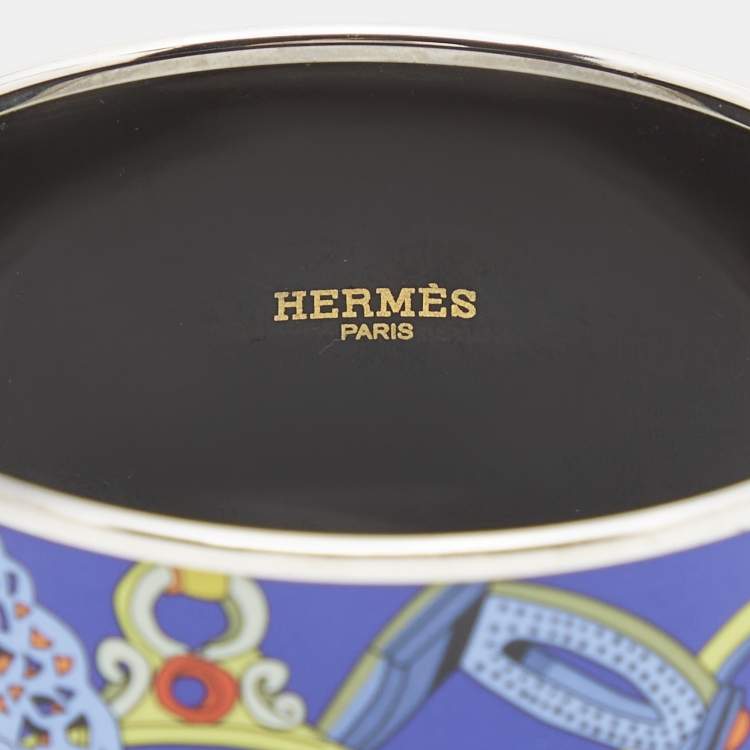 Pre Owned Hermes Concours d'Etriers Printed Enamel Gold Plated Extra Wide Bracelet