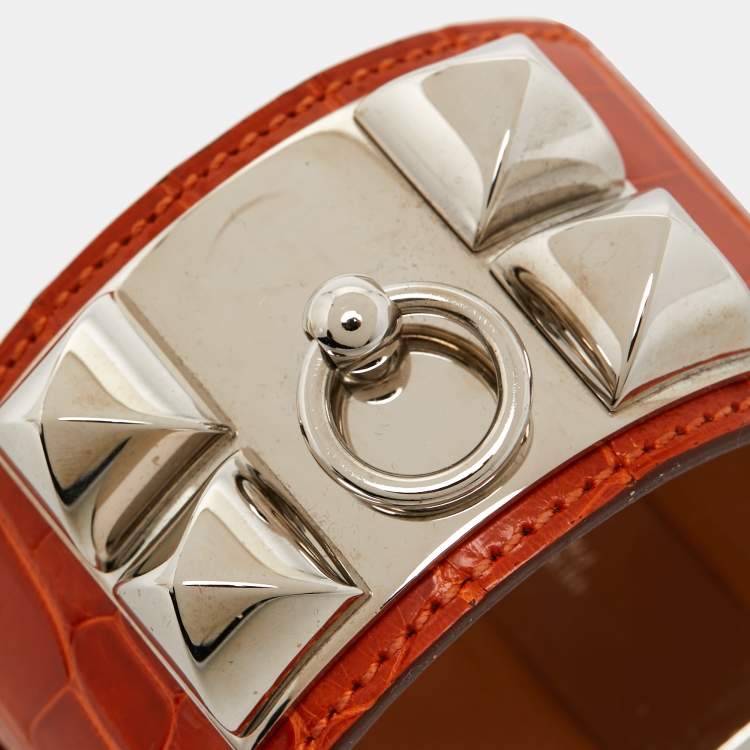 Pre Owned Hermes  Collier de Chien Alligator Leather Palladium Plated Bracelet 