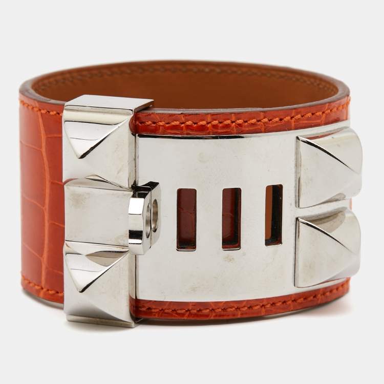 Pre Owned Hermes  Collier de Chien Alligator Leather Palladium Plated Bracelet 