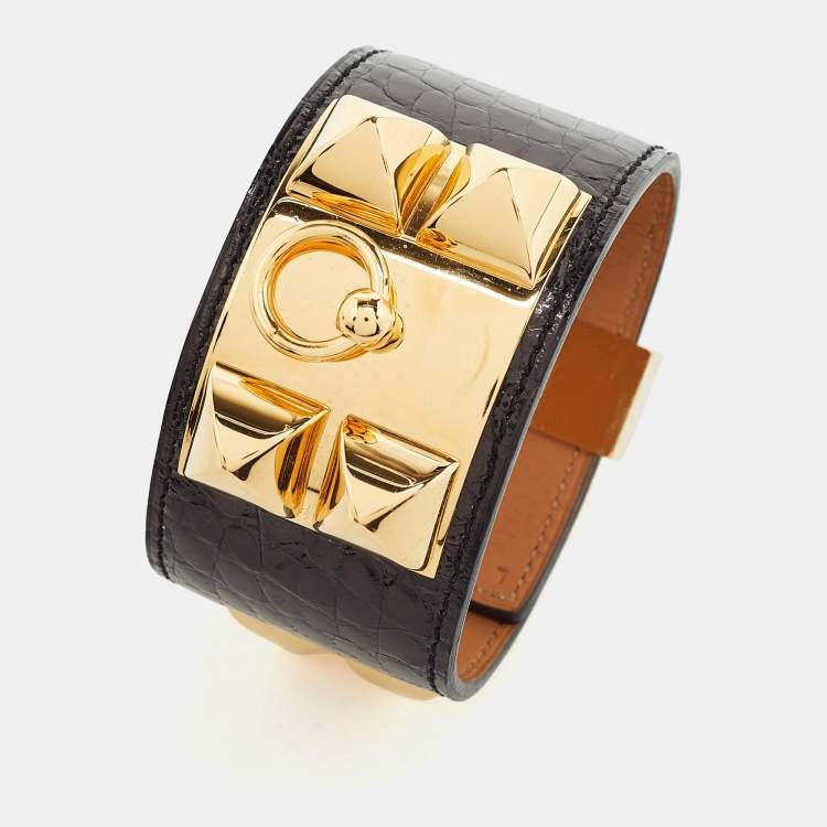 Pre Owned Hermes Collier de Chien Black Alligator Cuff Bracelet L