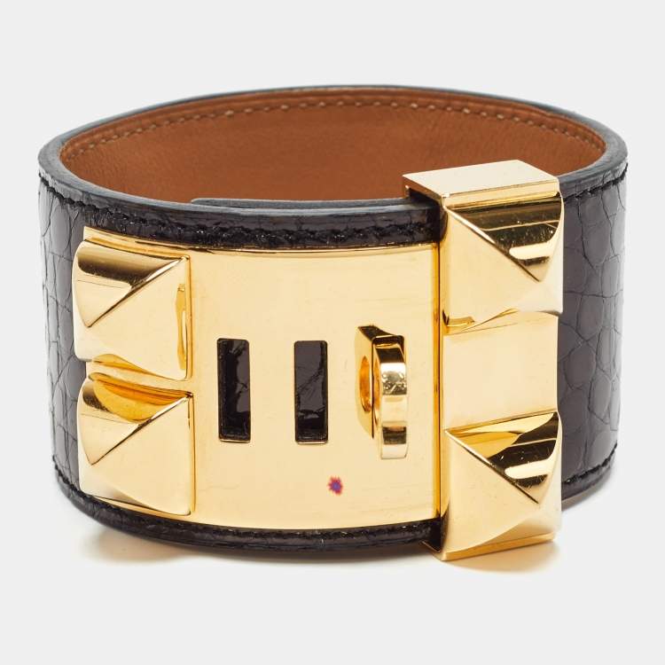 Pre Owned Hermes Collier de Chien Black Alligator Cuff Bracelet L