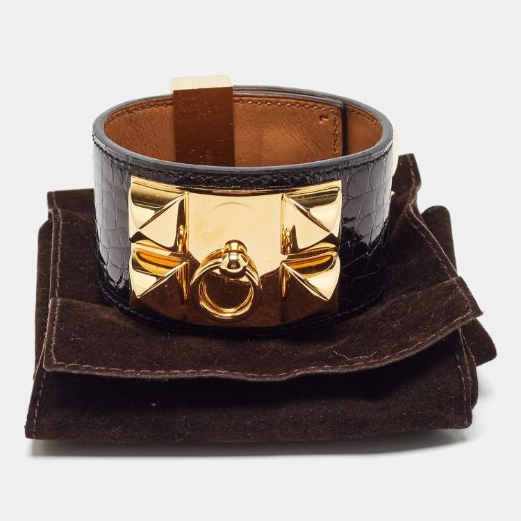 Pre Owned Hermes Collier de Chien Black Alligator Cuff Bracelet L