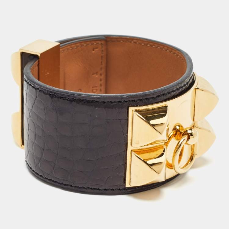Pre Owned Hermes Collier de Chien Black Alligator Cuff Bracelet L