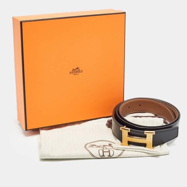 مملوكة مسبقًا Hermès Black/Gold Togo and Box Leather H Buckle Reversible Belt 85CM