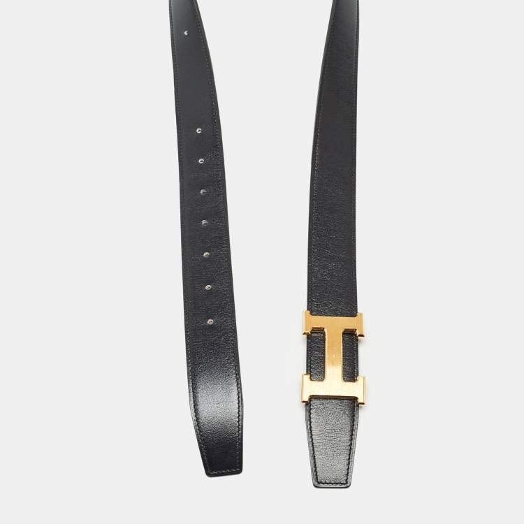 مملوكة مسبقًا Hermès Black/Gold Togo and Box Leather H Buckle Reversible Belt 85CM