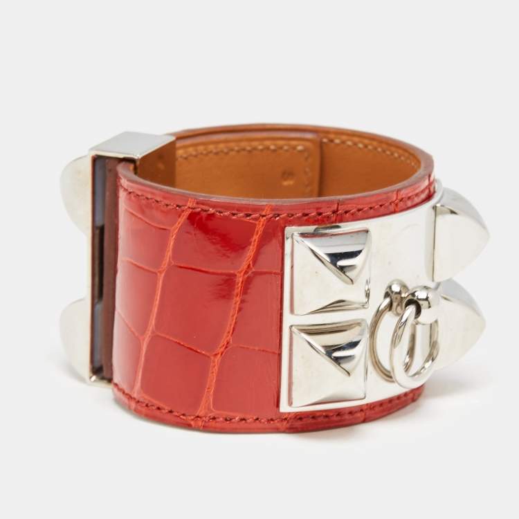Pre Owned Hermès Collier De Chien Red Alligator Leather Palladium Plated Bracelet
