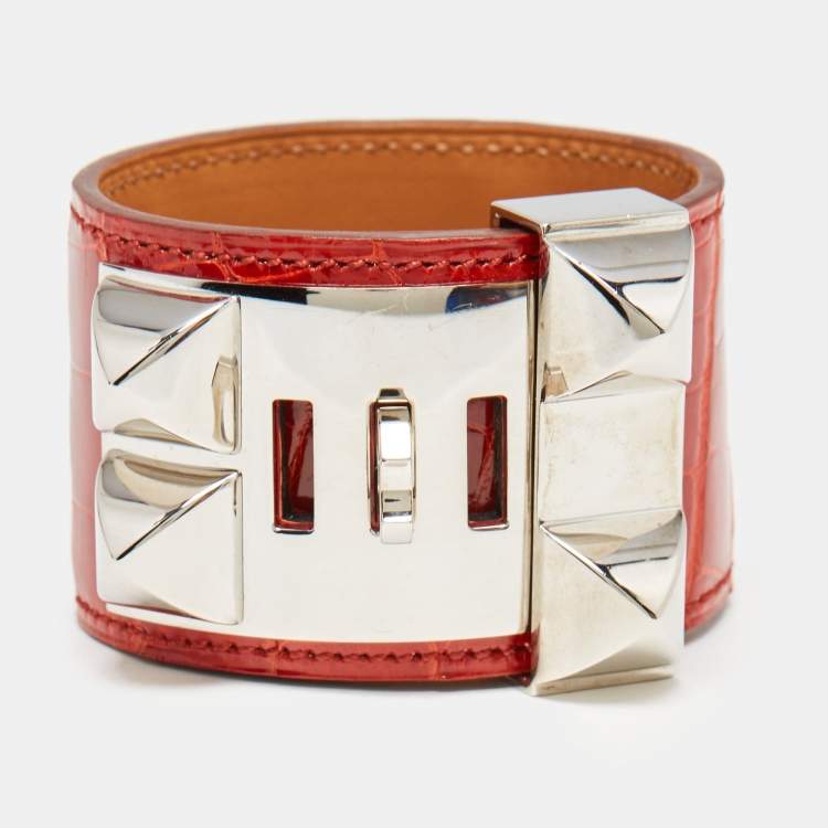 Pre Owned Hermès Collier De Chien Red Alligator Leather Palladium Plated Bracelet