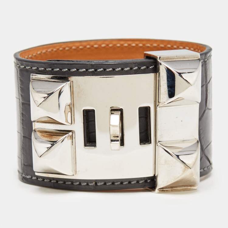 Pre Owned Hermès Collier De Chien Black Alligator Leather Palladium Plated Bracelet
