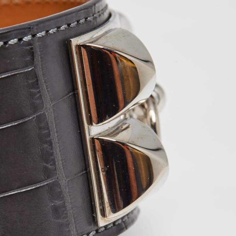 Pre Owned Hermès Collier De Chien Black Alligator Leather Palladium Plated Bracelet