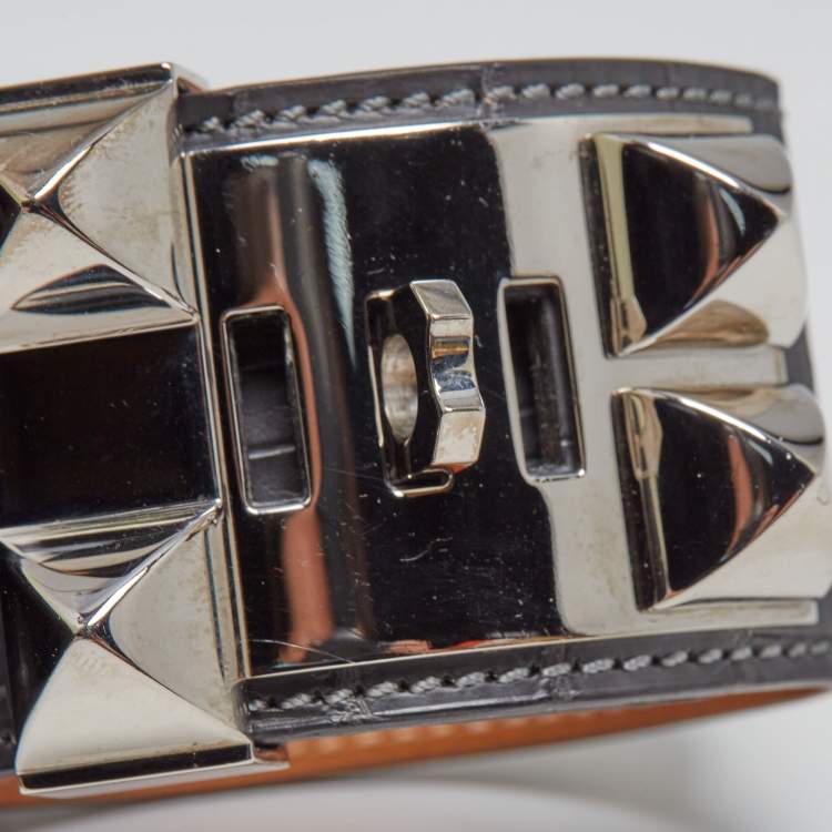 Pre Owned Hermès Collier De Chien Black Alligator Leather Palladium Plated Bracelet