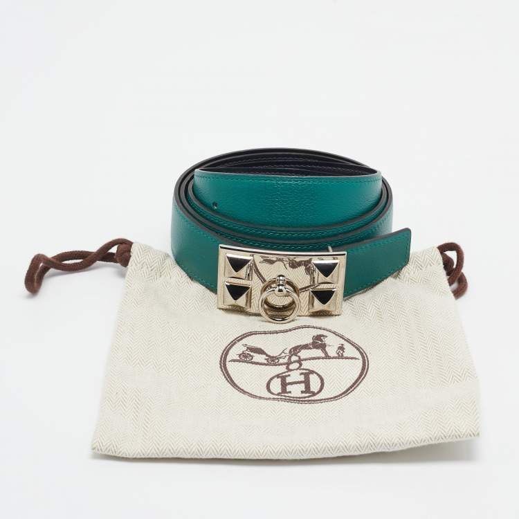 Pre Owned Hermes Malachite/Bleu Marine Evercolor and Box Leather Collier De Chien Reversible Belt 100 CM