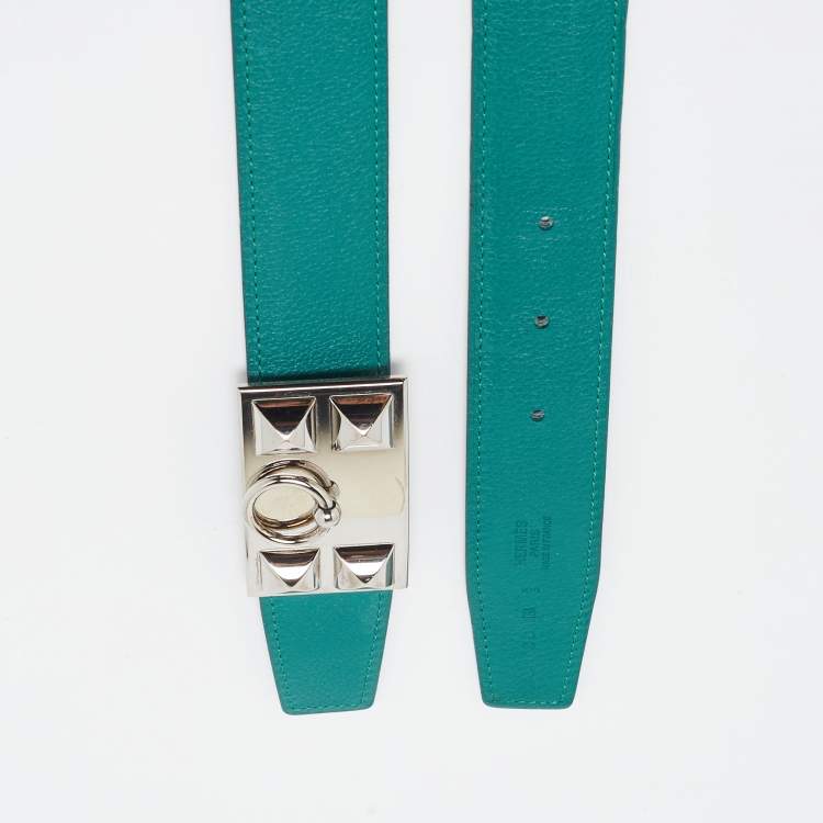 Pre Owned Hermes Malachite/Bleu Marine Evercolor and Box Leather Collier De Chien Reversible Belt 100 CM