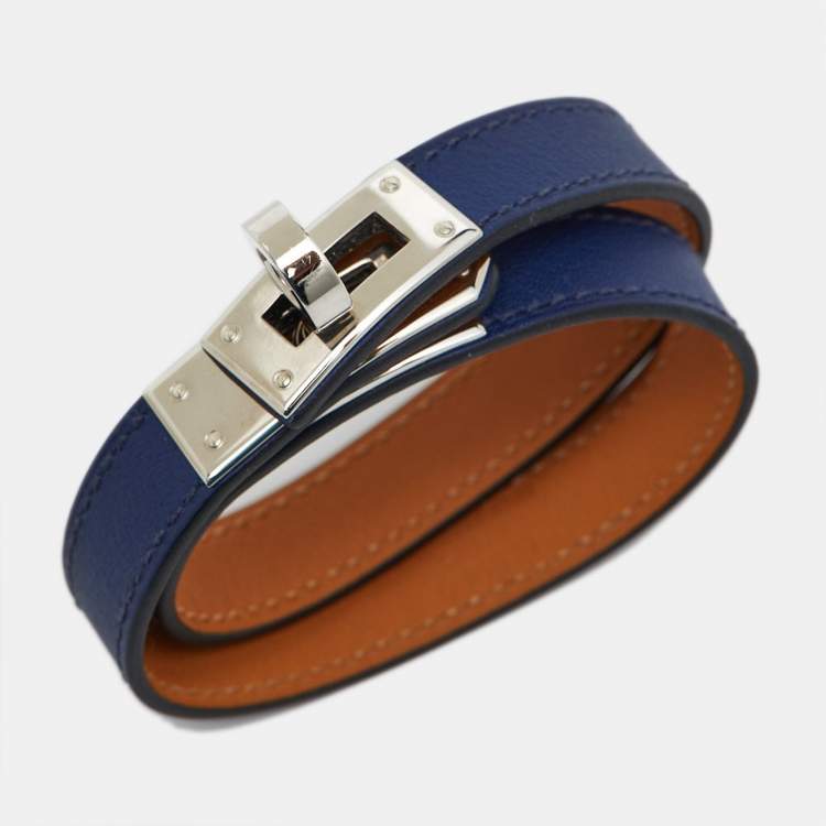 Pre Owned Hermes Kelly Leather Palladium Plated  Double Tour Bracelet